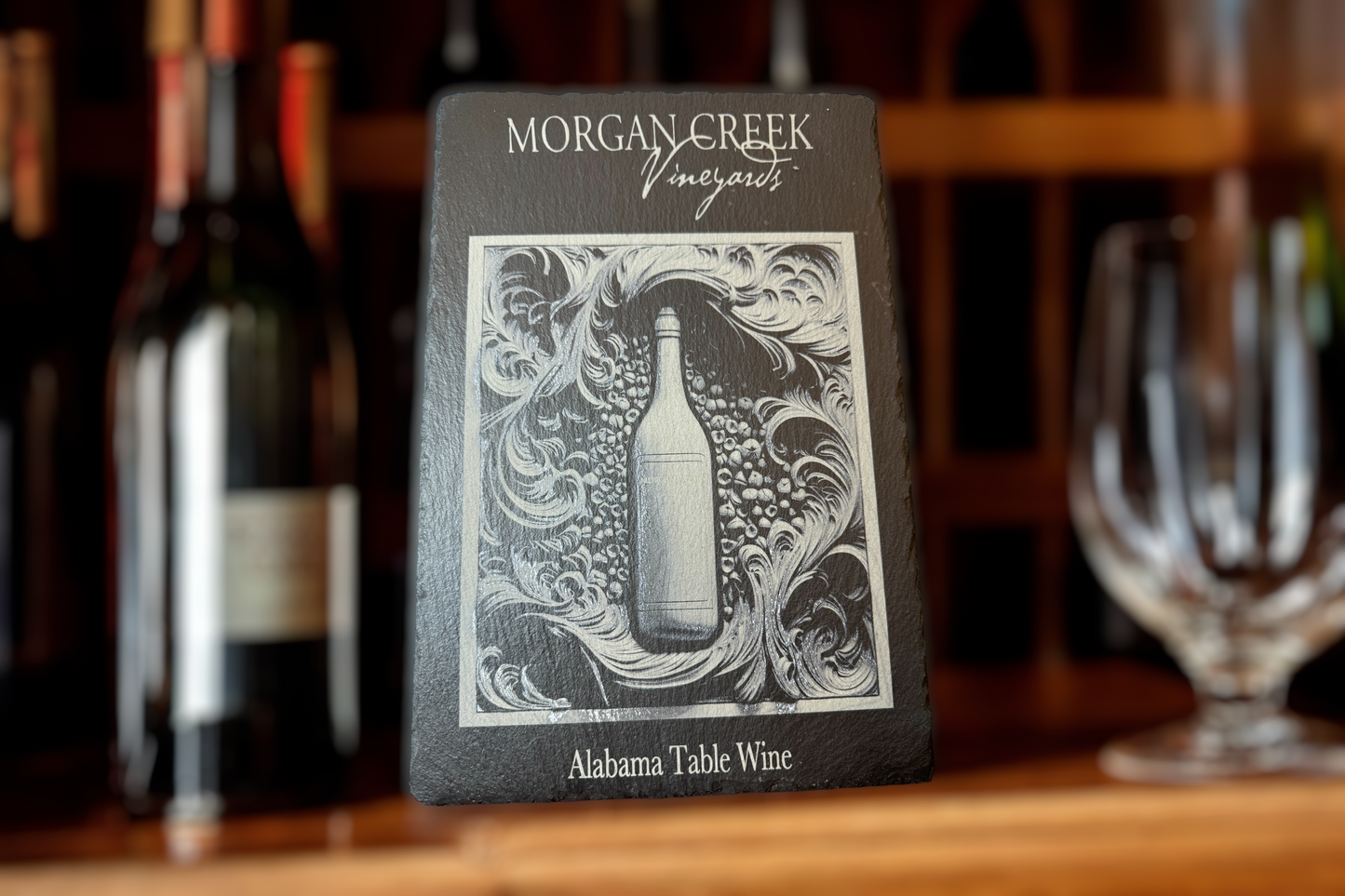 Engraved Slate Wine & Charcuterie Board” or “Personalized Slate Wine Bottle Serving Board