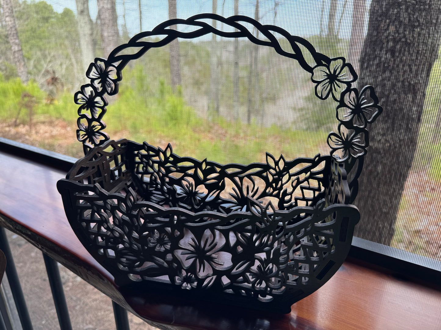 Handcrafted Wooden Easter Basket – Intricate Laser-Cut Design