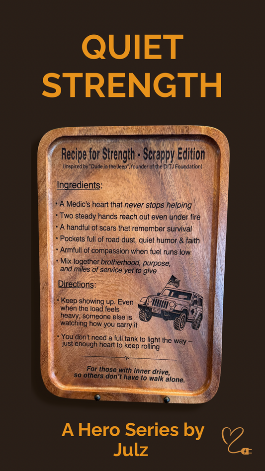 "Handcrafted hardwood character board featuring a custom military medic recipe layout for 'Scrappy.' The deeply engraved design includes a personalized ingredients list of traits, a silhouetted military medic Jeep, and custom service text."