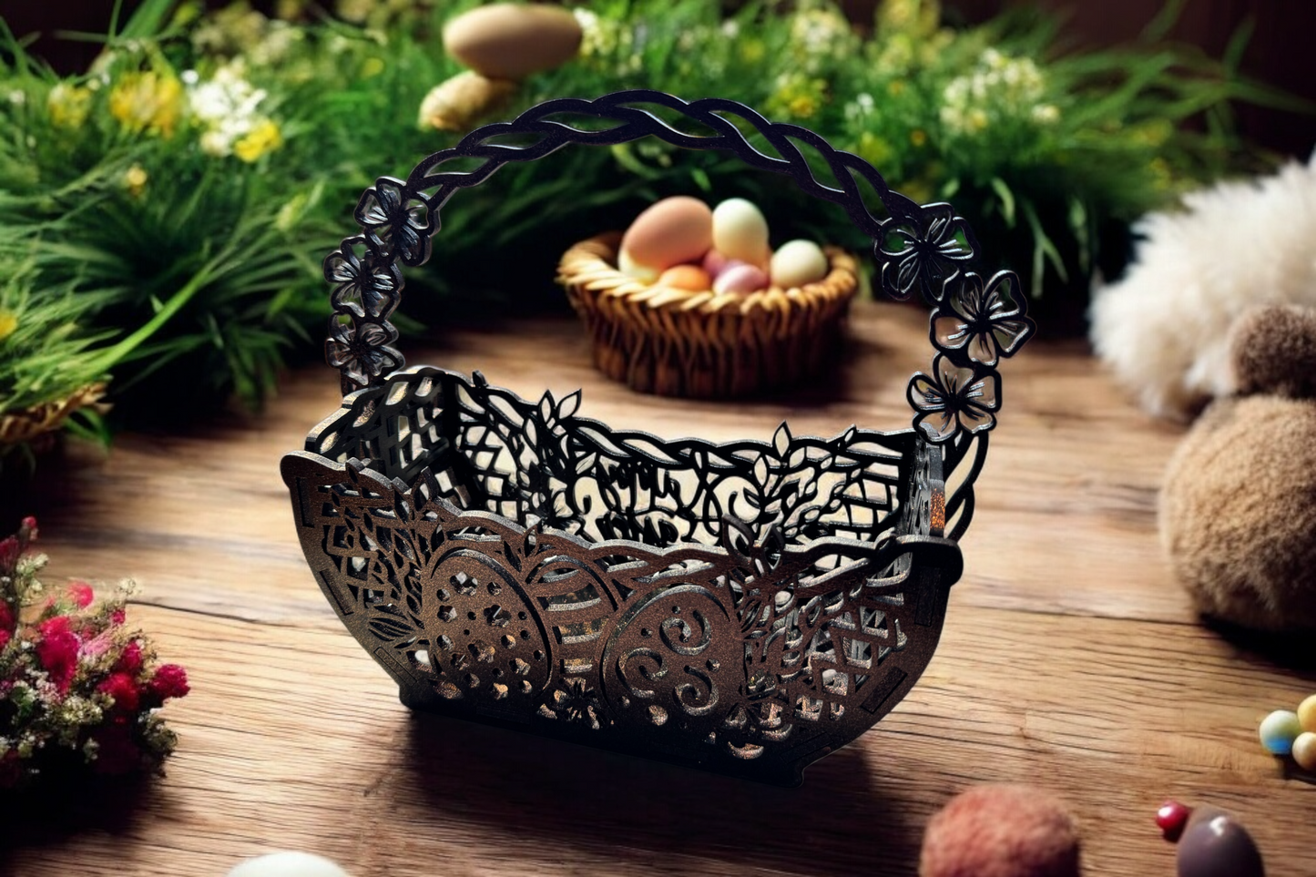Handcrafted Wooden Easter Basket – Intricate Laser-Cut Design
