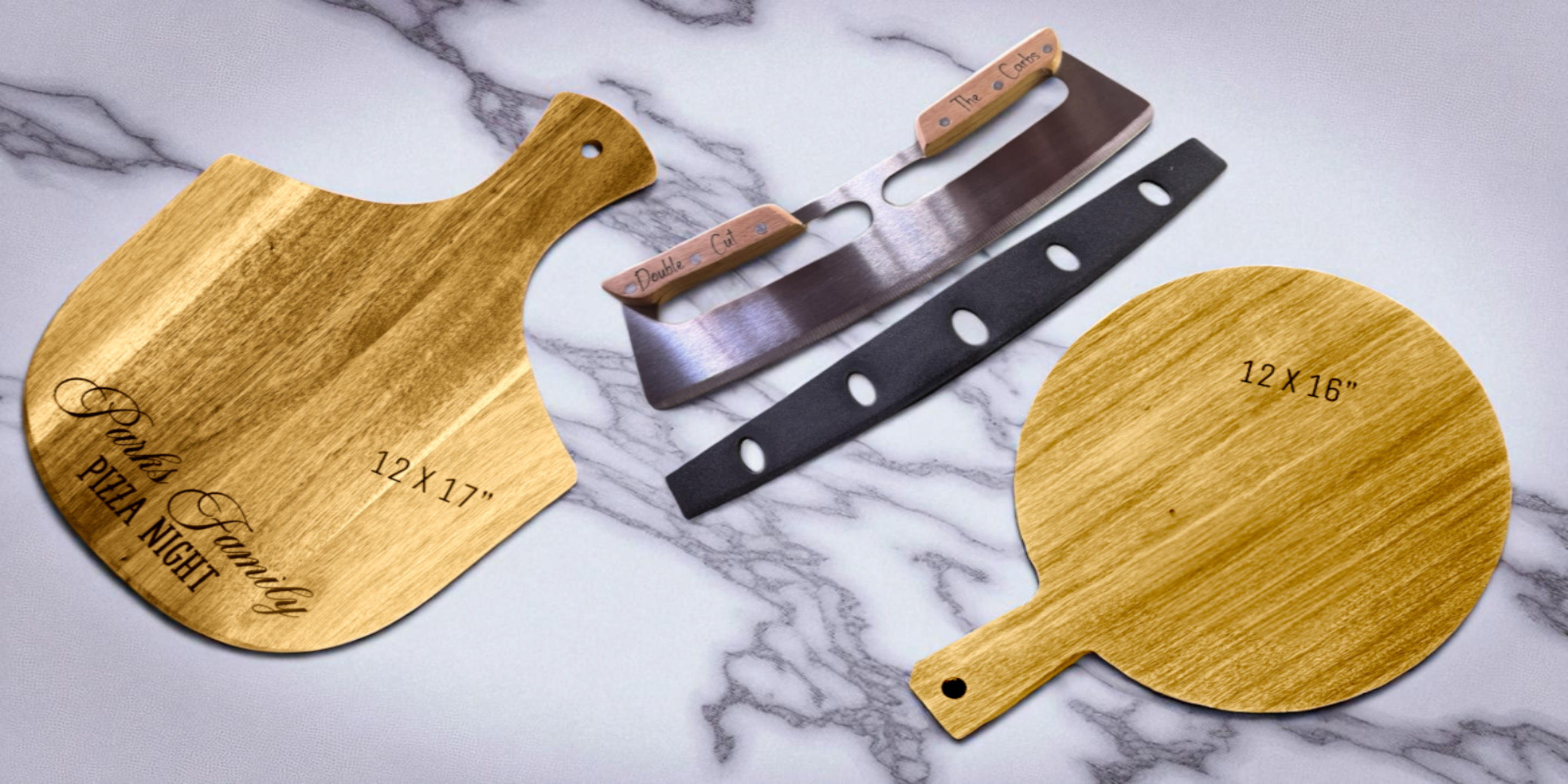 Engraved family pizza reel, rocker cutter and pizza cutting/serving board bundle 