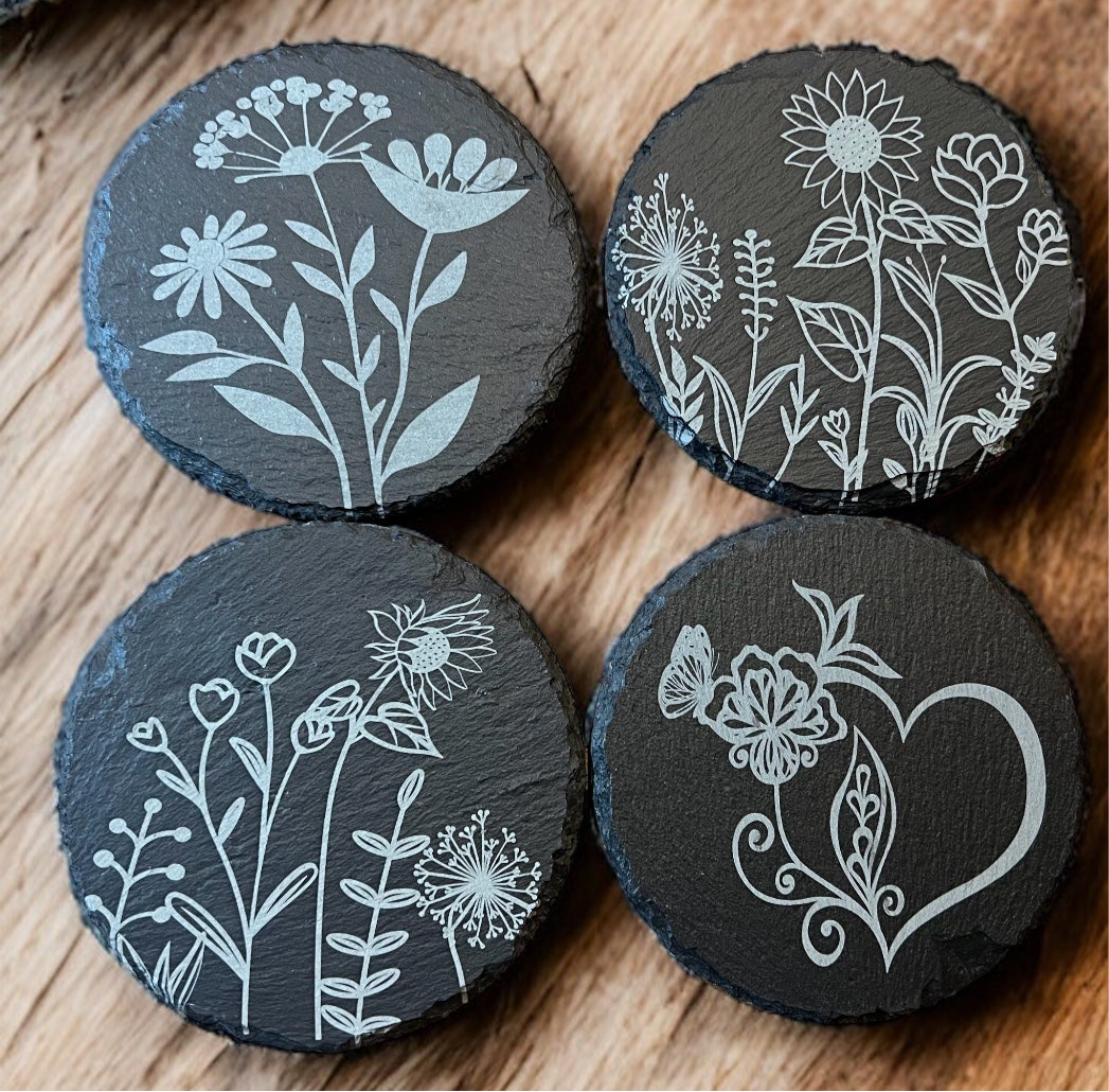 Floral Round Slate Coasters (Set of 4)