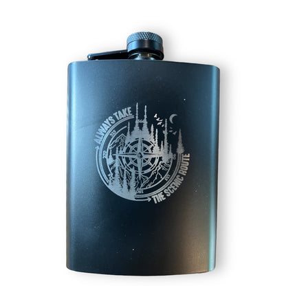 Adventure-Ready Aluminum Flask with Scenic Compass Engraving