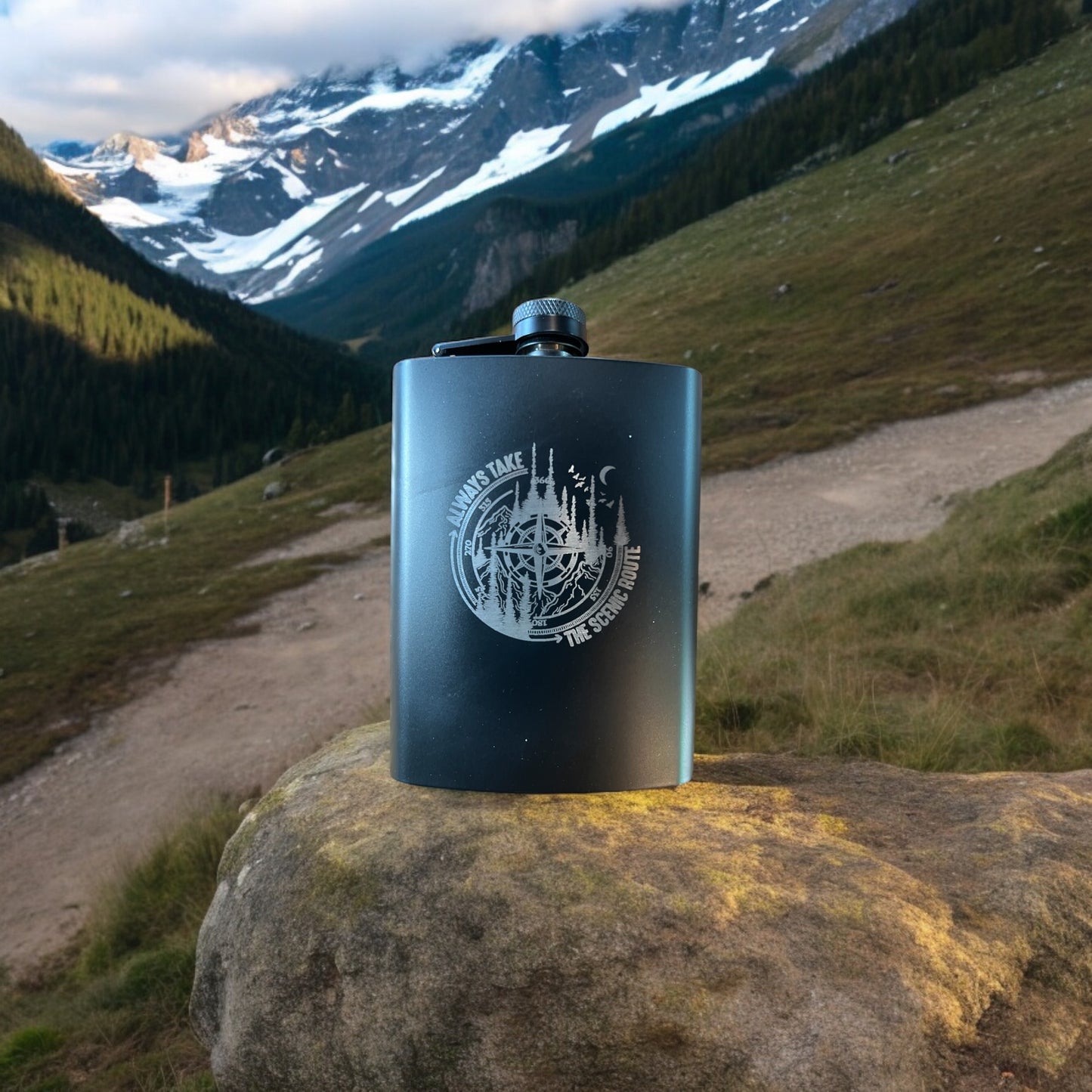 Adventure-Ready Aluminum Flask with Scenic Compass Engraving