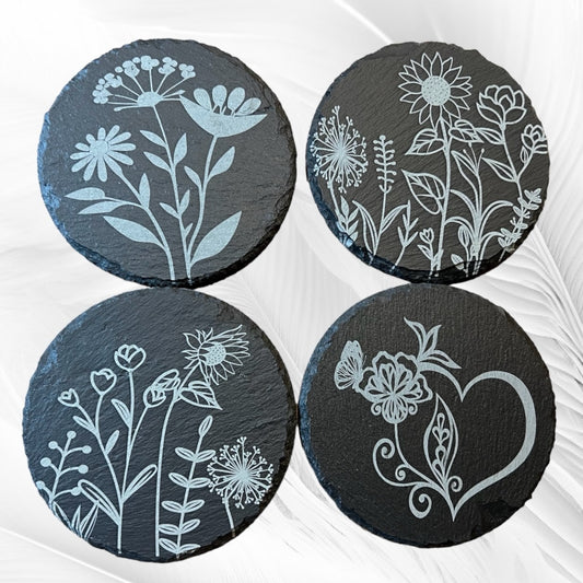 Floral Round Slate Coasters (Set of 4)