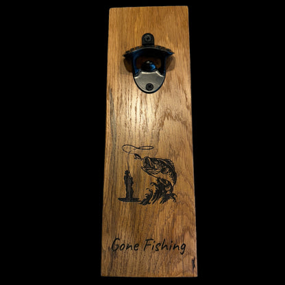 Personalized Black Iron Bottle Opener on Solid Oak with Fishing Engraving – Custom Orders Welcome!