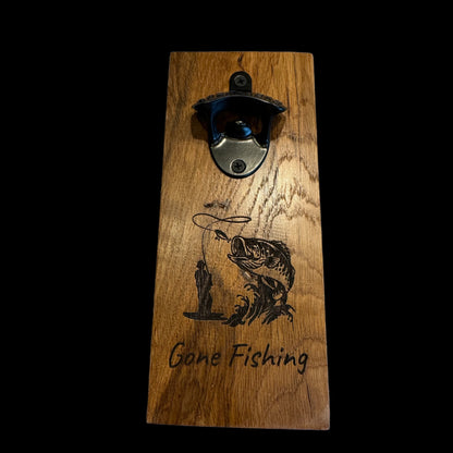 Personalized Black Iron Bottle Opener on Solid Oak with Fishing Engraving – Custom Orders Welcome!