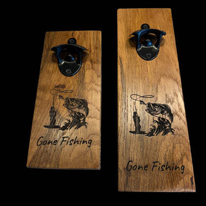 Personalized Black Iron Bottle Opener on Solid Oak with Fishing Engraving – Custom Orders Welcome!