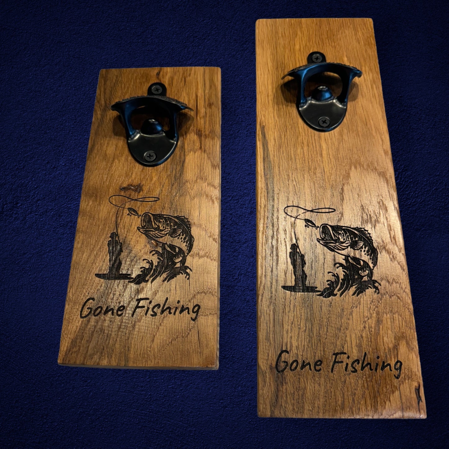 Personalized Black Iron Bottle Opener on Solid Oak with Fishing Engraving – Custom Orders Welcome!