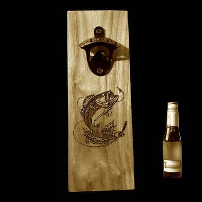 Personalized Black Iron Bottle Opener on Solid Oak with Fishing Engraving – Custom Orders Welcome!