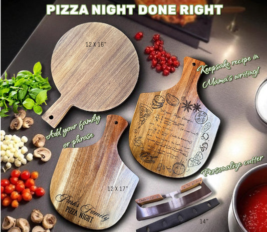 Wooden pizza peel and cutting boards with engraved designs on a kitchen counter.