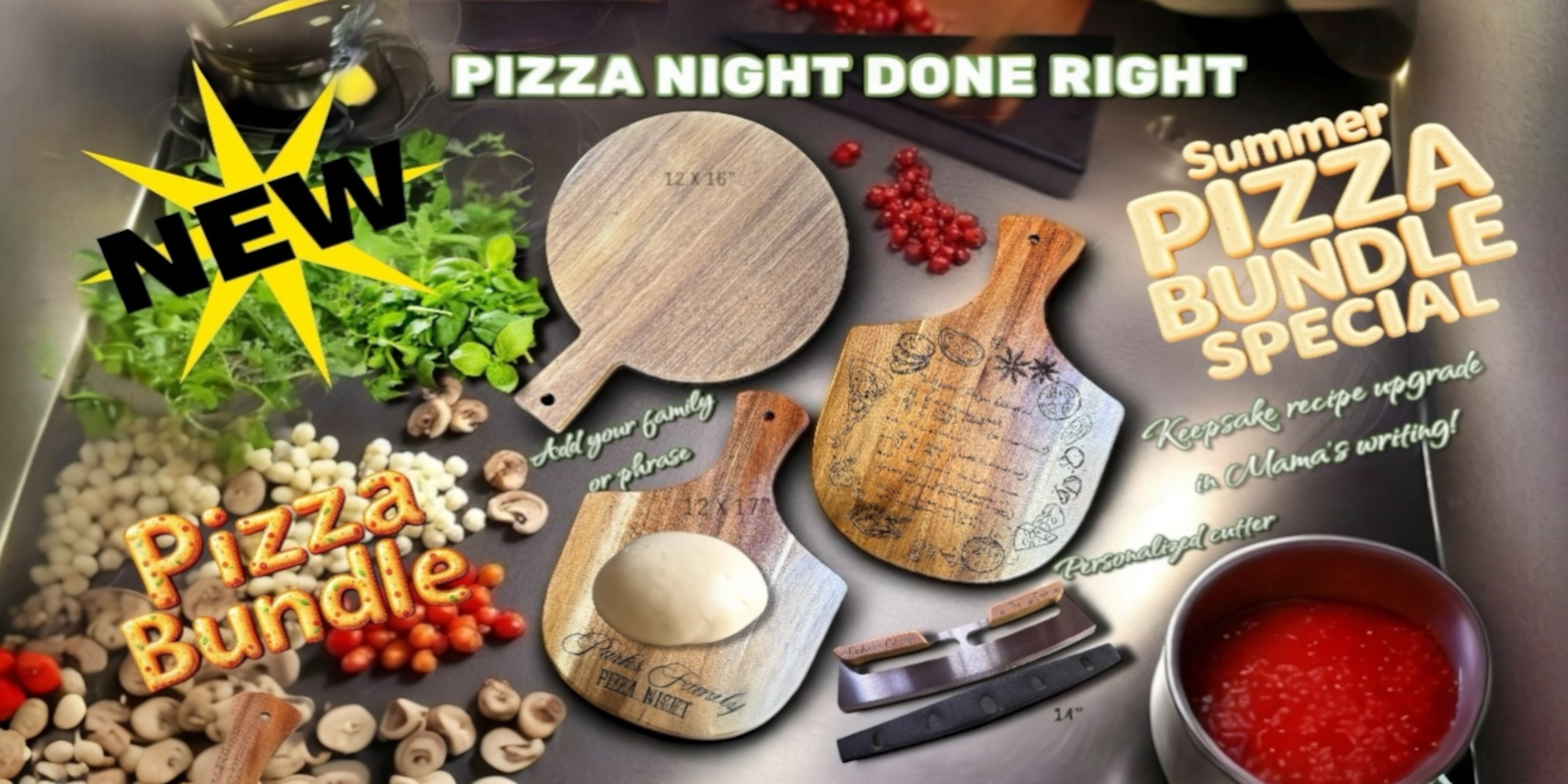 Promotional image for a pizza night bundle with engraved pizza-making tools and ingredients.